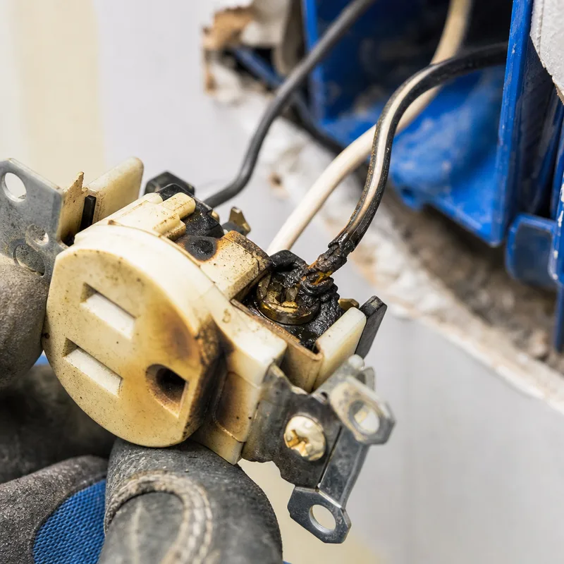 Discolored receptacle and melted wire insulation caused by heat damage at a loose electrical connection
