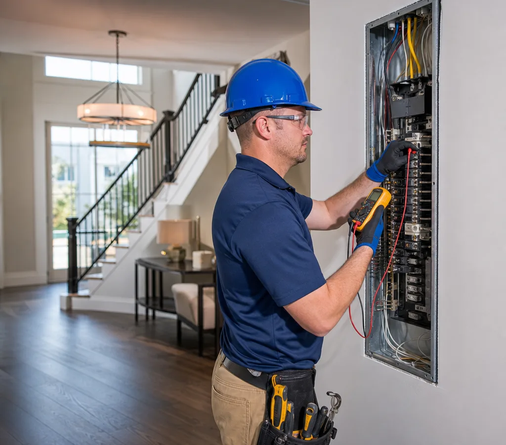 Electrician wearing protective equipment inspecting an open residential electrical panel for voltage and heat damage