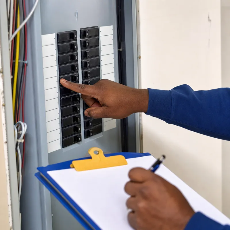 Electrician pointing at labeled circuits in an electrical panel while preparing a written estimate