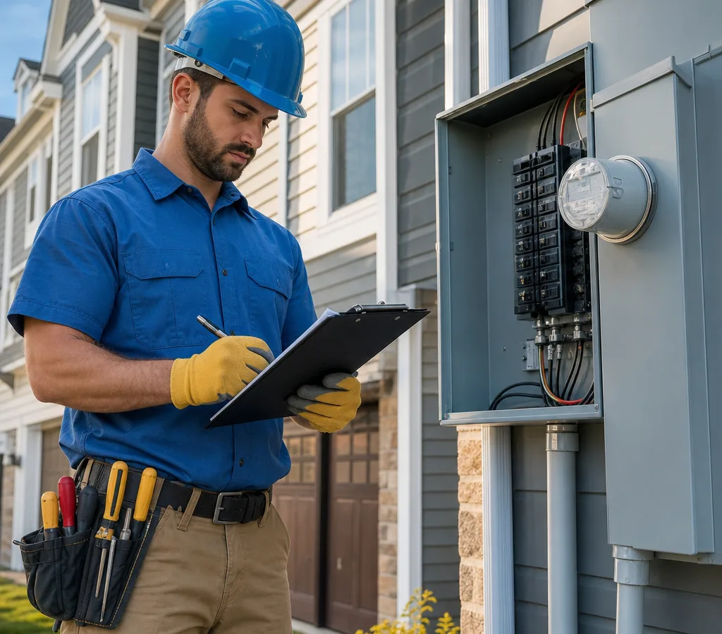 Electrician in Ashburn reviewing an estimate beside a residential electrical panel with a townhouse exterior in the background