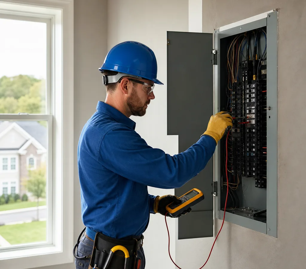 Licensed electrician troubleshooting a residential breaker panel in an Ashburn-area home