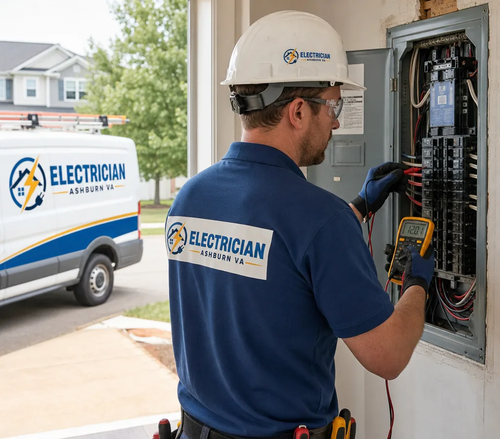 Licensed electrician troubleshooting a residential breaker panel in an Ashburn-area home