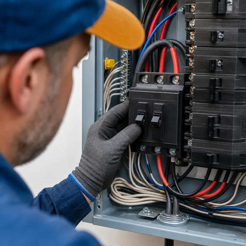 Open electrical panel with a newly installed double-pole EV charger breaker, tidy wiring, and clear circuit directory notes