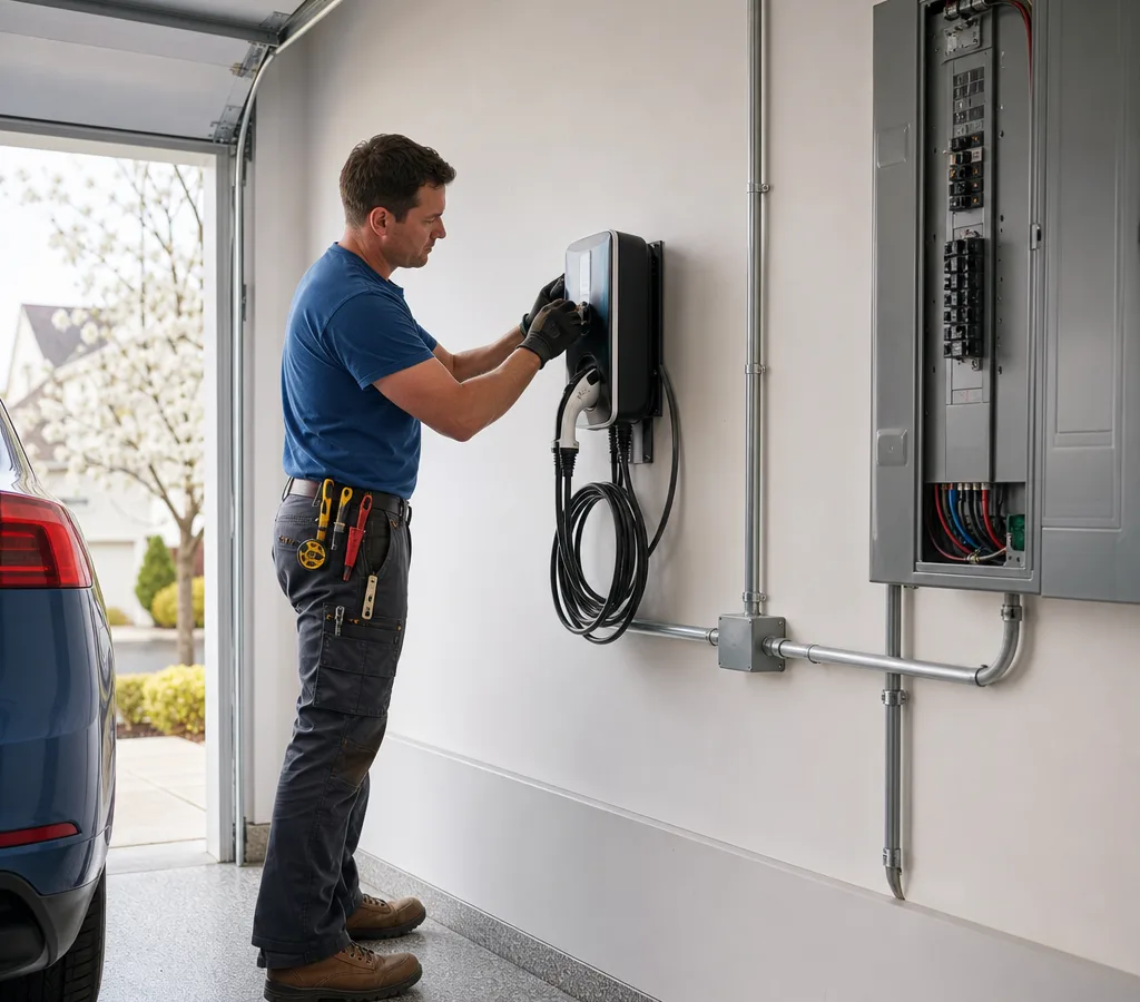 Licensed electrician mounting a Level 2 EV charging station in a residential garage with neat conduit and a labeled breaker panel nearby