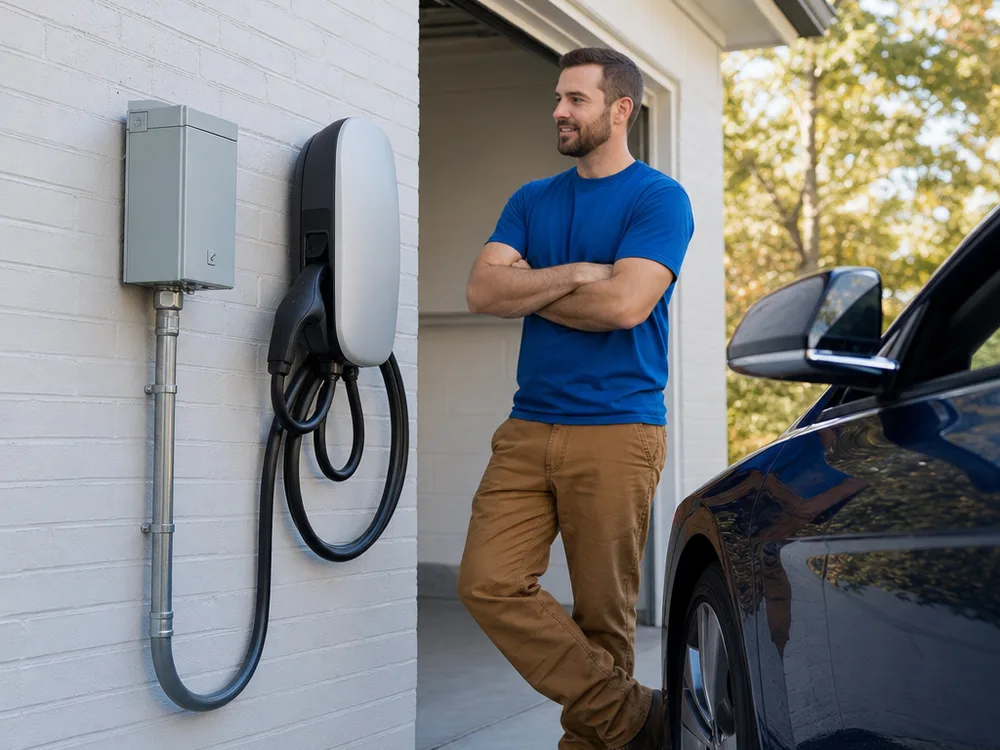 Outdoor-rated EV charger with weatherproof conduit, proper fittings, and protected electrical equipment