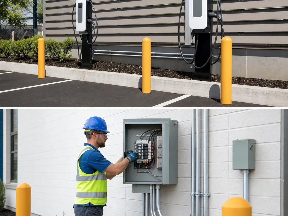 Commercial EV charging station with clear signage, protective bollards, and tidy conduit routing