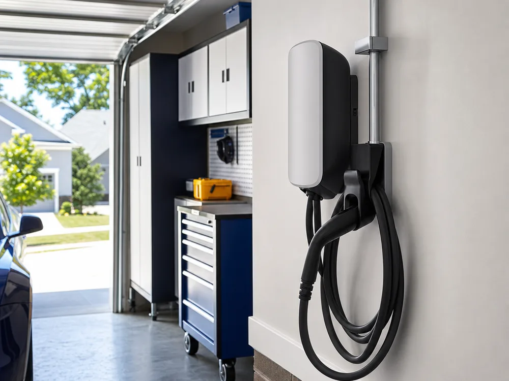 Wall-mounted EV charger at a practical garage height with cord management and neatly aligned conduit