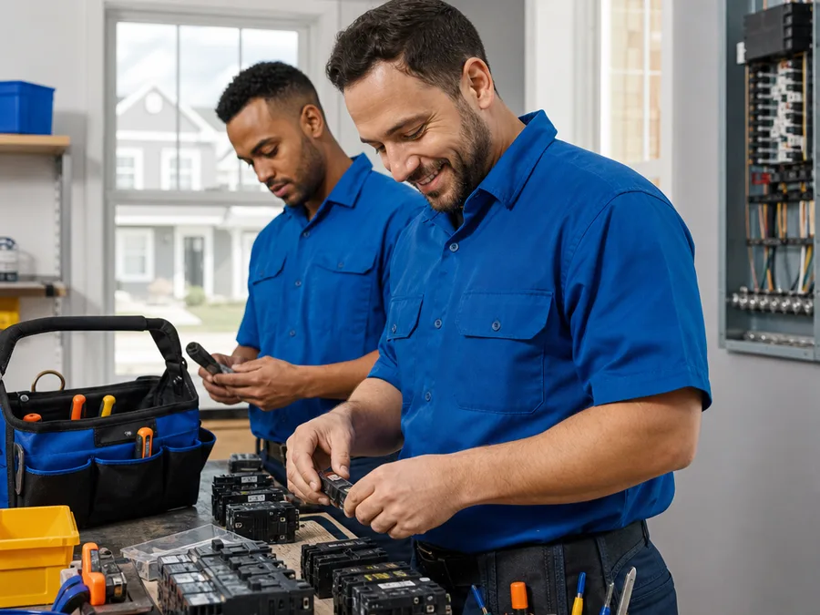 Uniformed electrical technicians organizing residential service tools, breakers, and parts at a clean workbench