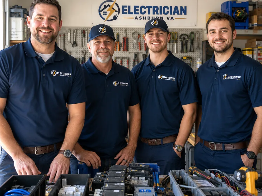 Uniformed electrical technicians organizing residential service tools, breakers, and parts at a clean workbench